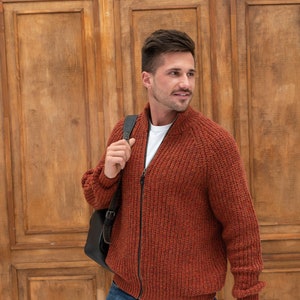 Terracotta Merino Wool Men's Zipped Sweater: Hand-Knitted Scandinavian Style Hand Knit Merino Wool Sweater, Warm Merino Wool Jumper HILLA