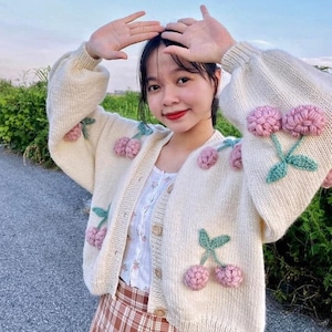 Cherry cardigan, Trendy crochet sweater, Daisy cardigan, Crochet cherry sweater, chunky knit cardigan, Xmas Christmas gift, Ugly sweater