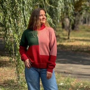 Colorblock Merino Wool Knit Sweater: Unique Handmade Pullover