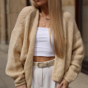 Oversized Mohair Merino Wool Cardigan: Handmade Beige Sweater BUTTER YELLOW