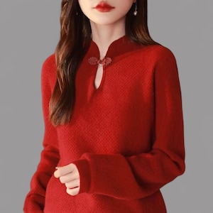 Merino Wool Sweater – Women’s Mock Neck Pullover with Frog Buttons, Long Sleeve Soft Knit Top