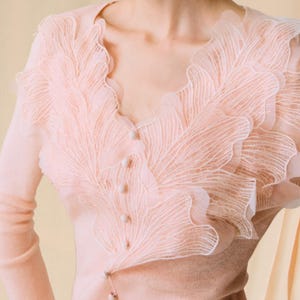 Pink Merino Wool Sweater: Vintage V-Neck Ruffled Knit Top