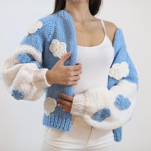 Chunky Merino Wool Cardigan | Handmade Blue White Cloud Sweater | Oversized Cozy Knit Jacket Gift for Her