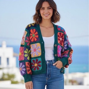 Handmade Crochet Granny Square Cardigan: Green Floral Knit Jacket