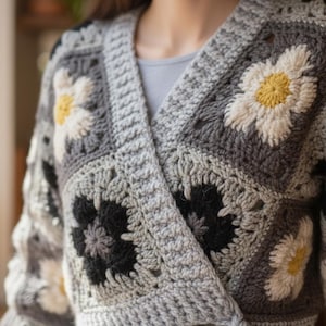 Crochet PATTERN ,Mystery Retro Daisy Granny Square Crochet Cardigan Pattern – Boho Floral Vest, DIY Crochet Clothing PDF